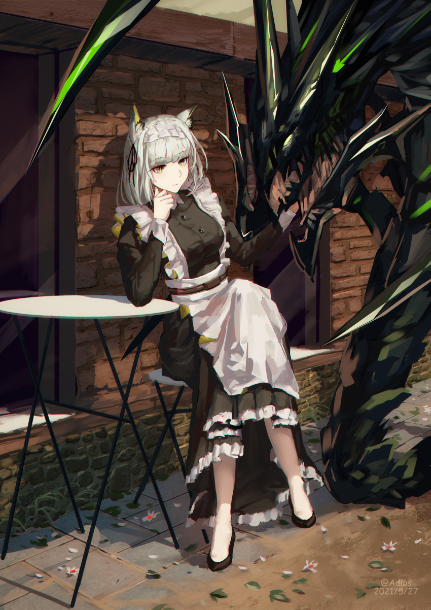 absurdres adios animal_ear_fluff animal_ears apron arknights artist_name black_dress black_footwear breasts brick_wall building cat_ears closed_mouth crossed_legs dated dress expressionless female frilled_dress frills full_body green_eyes grey_hair hand_on_own_cheek hand_on_own_face highres house kal'tsit_(arknights) large_breasts leaf long_sleeves looking_afar looking_away maid mon3tr_(arknights) monster official_alternate_costume outdoors short_hair sitting stool table white_apron white_hair