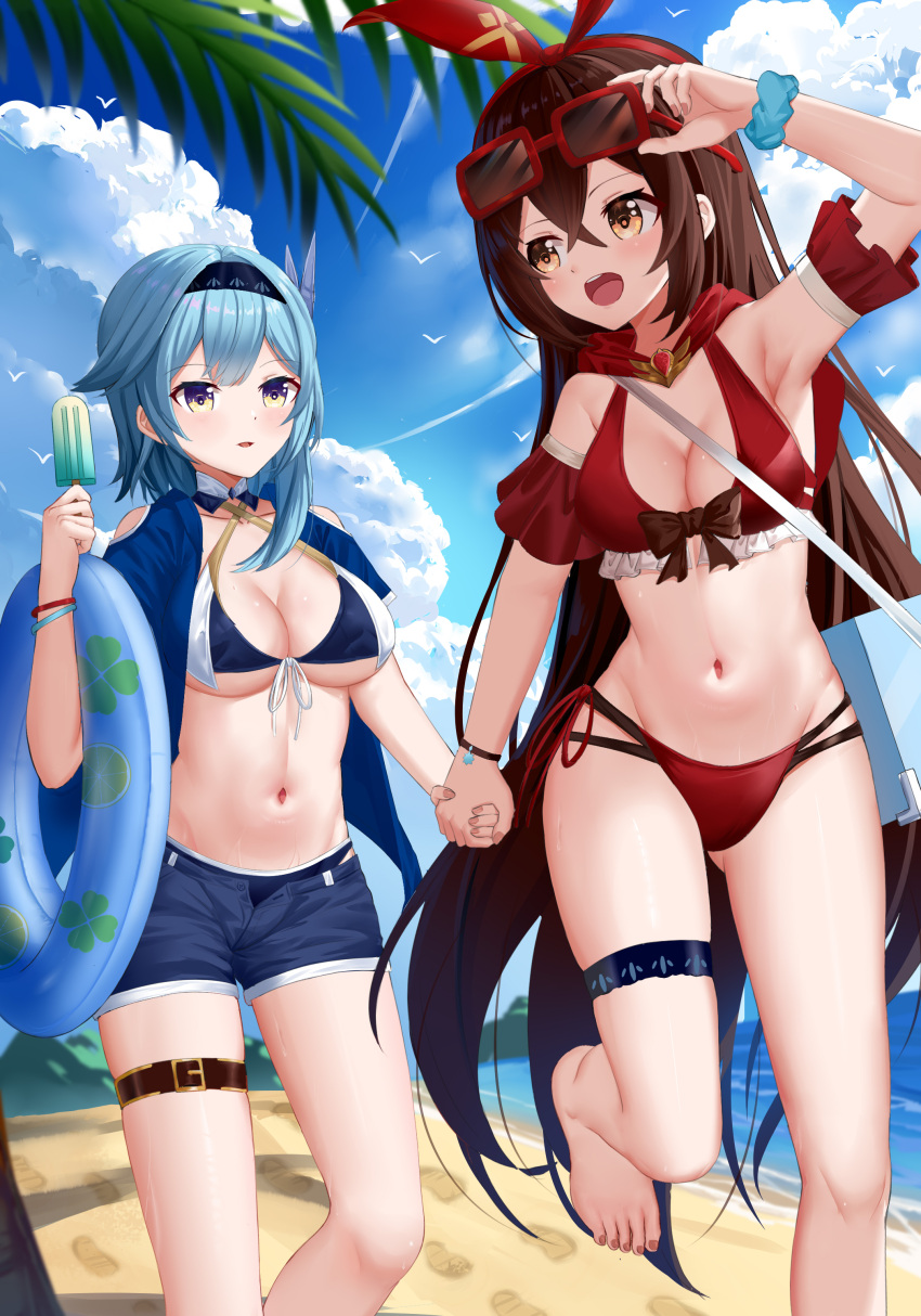 2girls absurdres amber_(genshin_impact) arm_up armpits ass_visible_through_thighs bare_shoulders beach bikini black_hairband blue_bikini blue_hair blue_shirt blue_shorts blue_sky blush breasts brown_eyes brown_hair chinese_clothes cleavage cloud commentary day detached_sleeves eula_(genshin_impact) eyewear_on_head feet_out_of_frame footprints genshin_impact groin hair_between_eyes hairband hand_up highres holding_hands innertube long_hair looking_at_another medium_breasts multiple_girls nail_polish navel ocean open_clothes open_shirt outdoors parted_lips red_bikini red_hairband shirt short_shorts short_sleeves shorts sky skym_(kumei) standing standing_on_one_leg stomach sunglasses swim_ring swimsuit thigh_strap thighs toenail_polish toenails very_long_hair yellow_eyes yuri