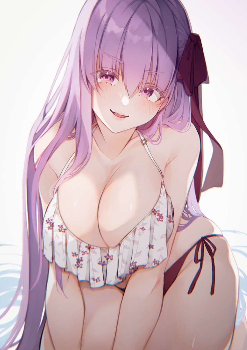 absurdres bare_shoulders bb_(fate) bb_(fate/extra) bikini black_bikini blush breasts cleavage collarbone fate/extra fate/extra_ccc fate_(series) female floral_print hair_ribbon highres large_breasts long_hair looking_at_viewer mismatched_bikini open_mouth purple_eyes purple_hair red_ribbon ribbon smile solo suna_co swimsuit very_long_hair white_bikini