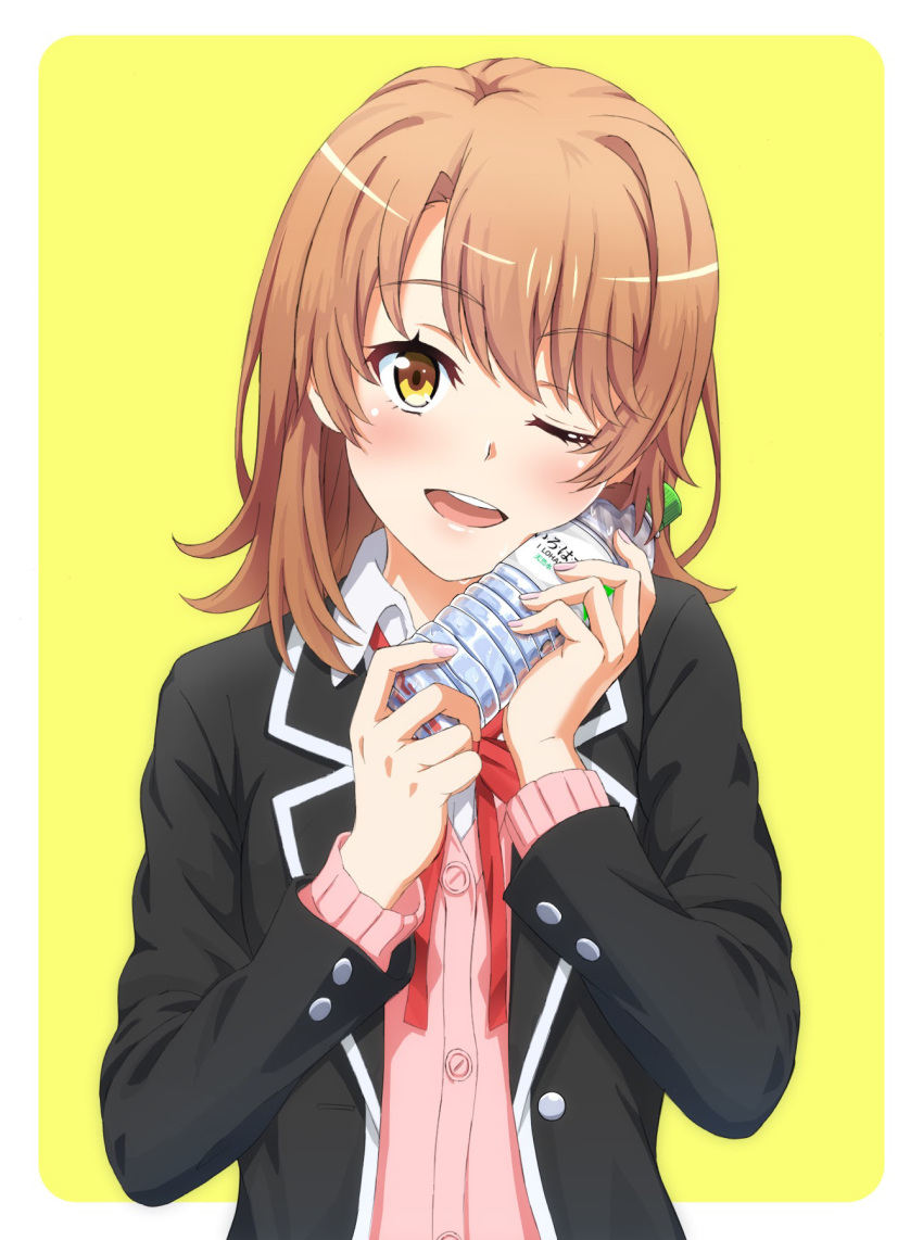 ;d blazer border bottle bottle_to_cheek brown_hair cardigan female highres holding holding_bottle i_lohas isshiki_iroha jacket long_hair long_sleeves looking_at_viewer neck_ribbon nonoa-cg one_eye_closed open_clothes open_jacket open_mouth outside_border pink_cardigan product_placement red_ribbon ribbon school_uniform smile sobu_high_school_uniform solo upper_body water_bottle white_border wing_collar yahari_ore_no_seishun_lovecome_wa_machigatteiru. yellow_background