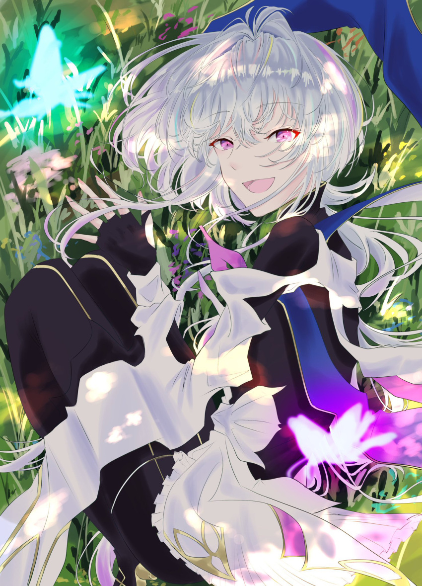 ahoge bad_hands black_gloves black_pants breasts bug butterfly fate/grand_order fate/grand_order_arcade fate/prototype fate_(series) female fingerless_gloves gloves grass highres long_hair long_sleeves looking_at_viewer medium_breasts merlin_(fate/prototype) merlin_(fate/prototype)_(third_ascension) open_mouth pants purple_eyes robe smile solo thighs very_long_hair white_hair white_robe wide_sleeves xiao_yue_(3332ki)