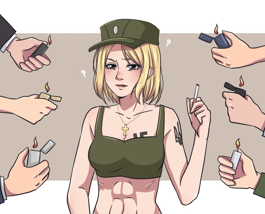 6+others ? abs baseball_cap blonde_hair borrowed_character bra breasts brown_background brown_eyes cigarette cross female green_bra green_headwear green_sports_bra hat holding holding_cigarette holding_lighter jewelry korzinka_persikiv latin_cross lighter marichka medium_breasts multiple_others necklace original short_hair shoulder_tattoo solo sports_bra swastika tattoo underwear upper_body white_background