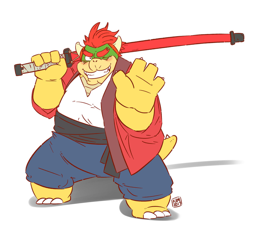 2017 anthro blush bowser clothing cosplay hi_res humanoid_hands kamui_shirow koopa kumatetsu mario_bros melee_weapon nintendo one_eye_closed overweight scalie shirt simple_background sword the_boy_and_the_beast topwear weapon white_background wink