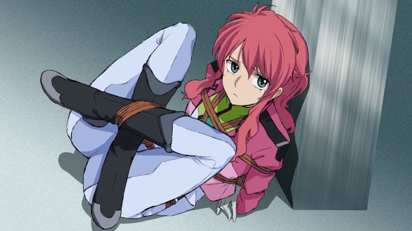 absurdres black_footwear blue_eyes bondage bondage bondage bound celestial_being_uniform chimu_xingcheng feldt_grace female full_body gundam gundam_00 hair_between_eyes highres jacket long_hair looking_at_viewer pants pink_hair pink_jacket rope sad shoes solo tearing_up