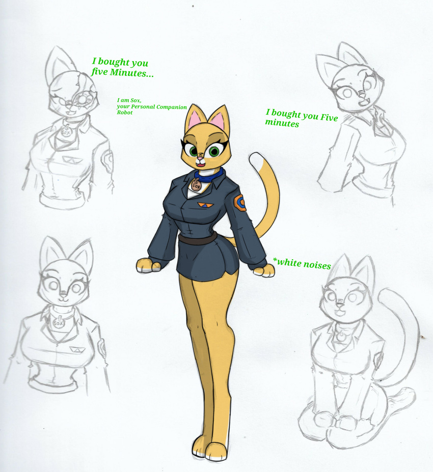 absurd_res android anthro anthrofied big_breasts bottomwear breasts clothed clothing collar collar_tag dialogue domestic_cat english_text exposed_endoskeleton felid feline felis female fully_clothed handpaw hands_on_legs hands_on_own_legs hi_res hindpaw hybrid kneeling lightyear_(film) looking_at_viewer machine mammal mtf_crossgender multiple_images multiple_poses open_mouth pace-maker paws pose robot rule_63 simple_background skirt solo sox_(lightyear) standing talking_to_viewer text thick_thighs uniform white_background