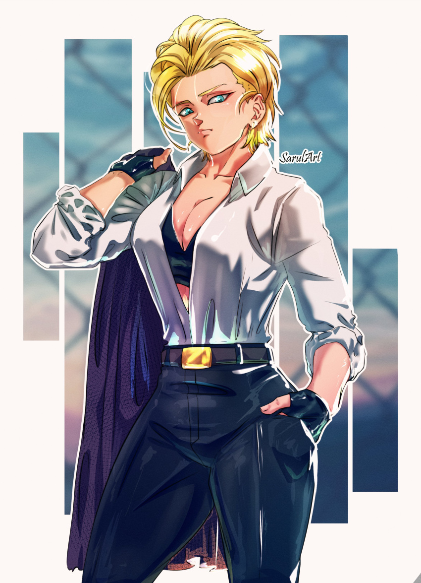 absurdres alternate_hairstyle android_18 artist_name belt black_bra black_pants blonde_hair blue_eyes bra breasts cleavage commentary contrapposto cowboy_shot dragon_ball dragon_ball_z female fingerless_gloves frown gloves hair_pulled_back hand_in_pocket highres jacket jacket_over_shoulder large_breasts medium_hair open_clothes open_shirt pants sarulart shirt shirt_tucked_in solo underwear unworn_jacket white_shirt