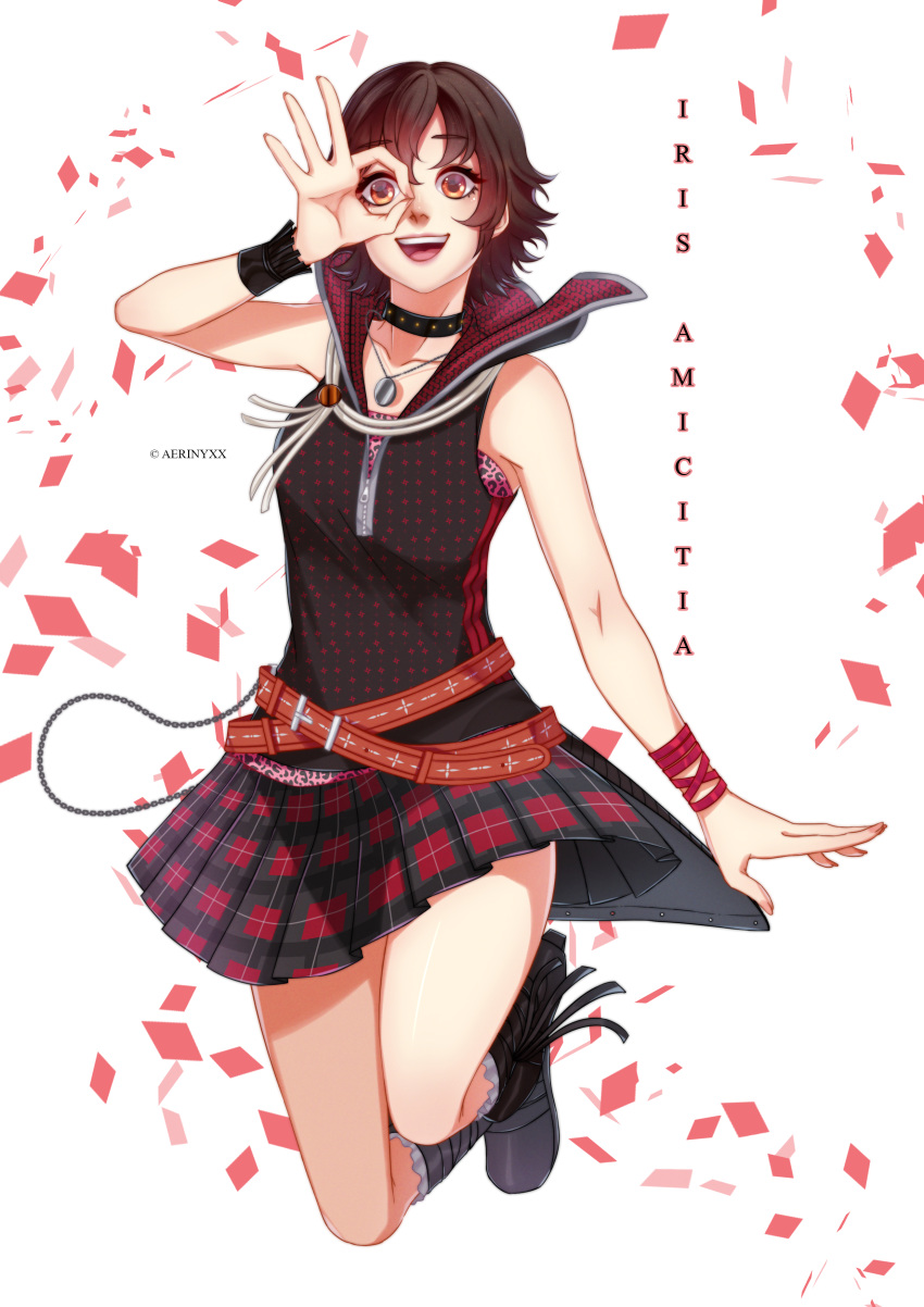 absurdres belt brown_eyes brown_hair character_name choker female final_fantasy final_fantasy_xv highres imaginaeri iris_amicitia jewelry jumping looking_at_viewer necklace open_mouth photoshop_(medium) pleated_skirt short_hair skirt sleeveless smile solo