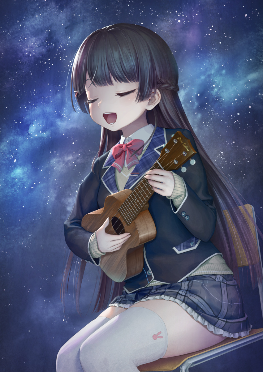 black_hair bow bowtie braid chair closed_eyes commentary_request female highres holding holding_instrument instrument kath long_hair nijisanji open_mouth school_chair school_uniform skirt sky smile solo star_(sky) starry_sky teeth thighhighs tsukino_mito tsukino_mito_(1st_costume) ukulele virtual_youtuber white_thighhighs zettai_ryouiki