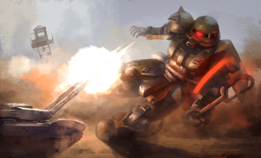 axe battle caterpillar_tracks commentary_request day ducking dust explosion fighting_stance firing gundam gundam_ms_igloo heat_hawk johnsonwaye mecha military military_vehicle motor_vehicle no_humans photoshop_(medium) realistic robot science_fiction smoke spikes tank type_61_(gundam) zaku_ii