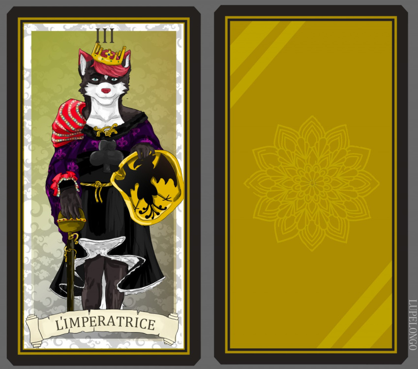 2019 avian bird black_body black_fur blue_eyes canid canine canis card card_template clothed clothing clubs_(suit) crown digital_media_(artwork) dress female fortune_telling french_text fully_clothed fur hair headgear heraldry japanese_cloud liz_(tayroth) looking_at_viewer lupelongo major_arcana mammal medieval red_body red_fur red_hair roman_numeral scepter shield simple_background sky solo suit_symbol tarot tarot_card text the_empress_(tarot) translated white_body white_fur wolf