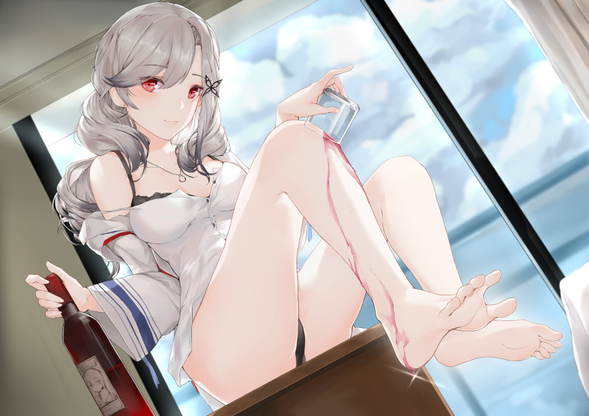 alcohol azur_lane barefoot black_panties bottle breasts chinese_commentary closed_mouth commentary_request dunkerque_(afternoon_venus)_(azur_lane) dunkerque_(azur_lane) earrings feet female glass gradient_hair grey_hair head_tilt highres jewelry laffey_(azur_lane) looking_at_viewer medium_breasts multicolored_hair off_shoulder official_alternate_costume oshin0_(zheng) panties pouring pouring_onto_self red_eyes sitting sitting_on_table smile soles solo spilling spread_toes swept_bangs toes underwear window wine wine_bottle