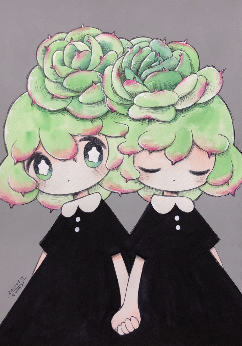 2girls black_dress cactus cactus_girl closed_eyes dated dress green_hair grey_background highres holding_hands multiple_girls no_nose original short_sleeves signature simple_background upper_body zukky000