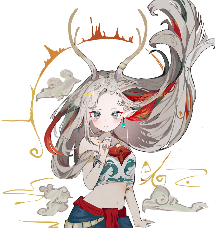 a_deer_of_nine_colors arknights arm_at_side closed_mouth crop_top earrings female floating_hair grey_eyes hand_up highres horns jewelry looking_at_viewer navel nine-colored_deer pointy_ears ryu_(17569823) single_earring smile solo sparkle upper_body white_background white_hair