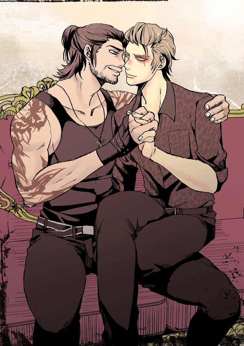 2boys facial_hair final_fantasy final_fantasy_xv gladiolus_amicitia ignis_scientia male_focus msucle multiple_boys scar sitting tattoo yaoi