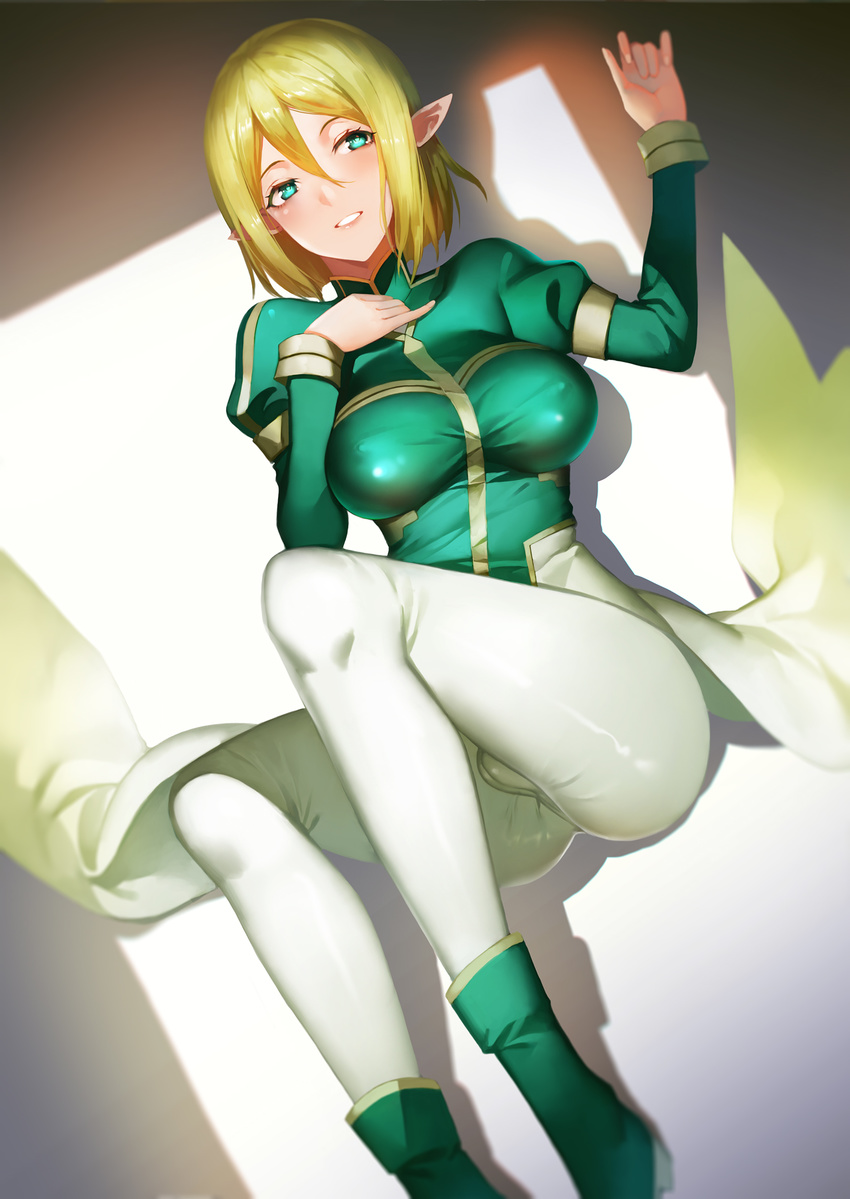 \m/ bad_id bad_pixiv_id breasts cameltoe covered_nipples elf erika_(sao) female green_eyes highres large_breasts lying on_back pants parted_lips pointy_ears short_hair skin_tight solo sword_art_online yykuaixian