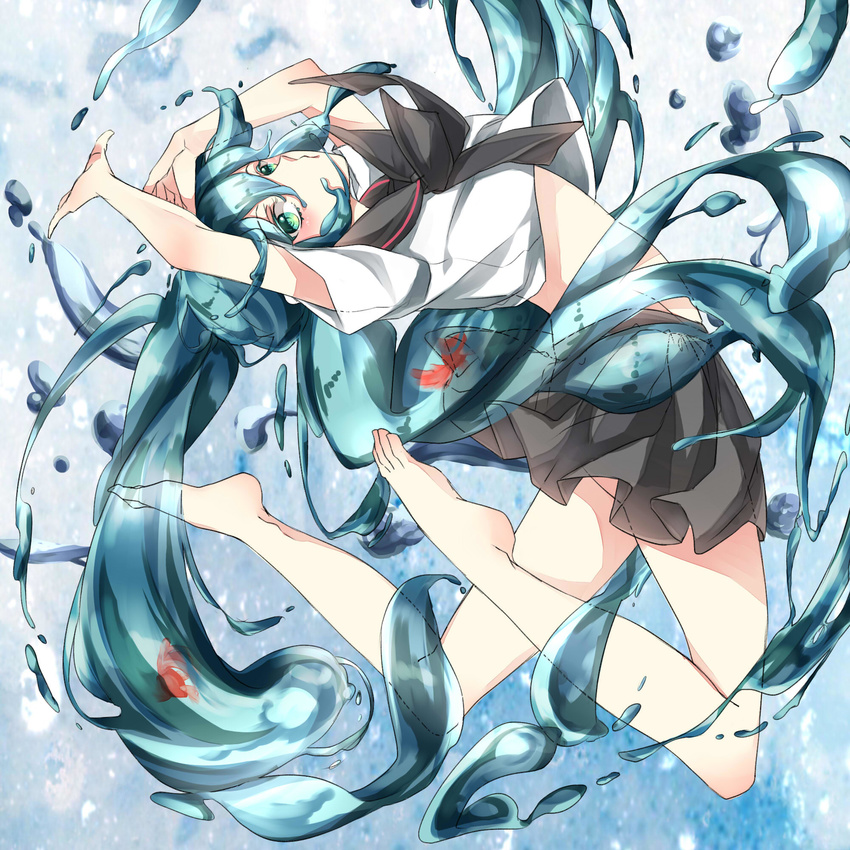 aqua_eyes barefoot blue_hair bottle_miku commentary_request feet female fish hatsune_miku highres liquid_hair long_hair looking_at_viewer midriff reika_(iamreika) school_uniform serafuku skirt solo twintails vocaloid yaminoayu890