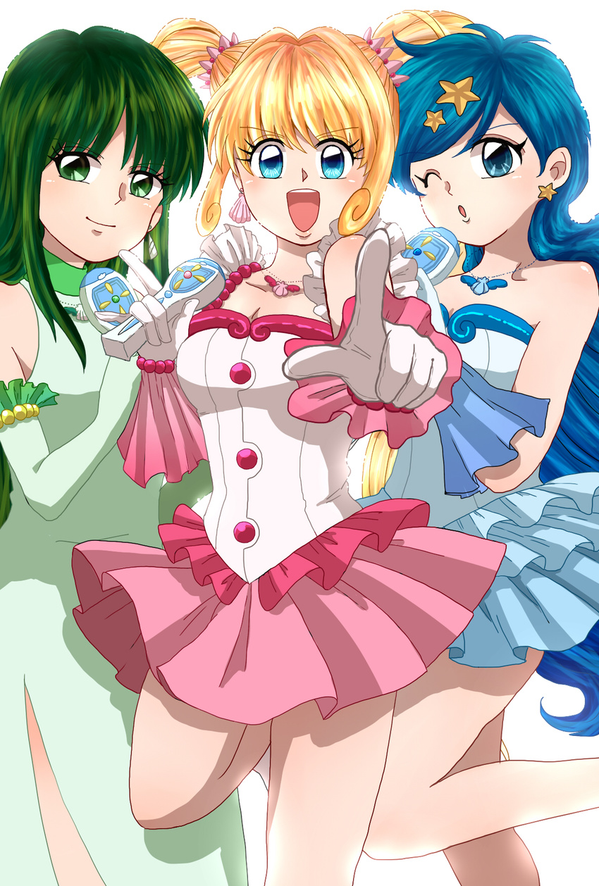 3girls blonde_hair blue_eyes blue_hair commentary_request elbow_gloves gloves green_eyes green_hair highres houshou_hanon houshou_hanon_(idol) idol jewelry long_hair mermaid_melody_pichi_pichi_pitch microphone multiple_girls nanami_lucia nanami_lucia_(idol) necklace one_eye_closed pendant pointing sagoyuma touin_rina touin_rina_(idol)