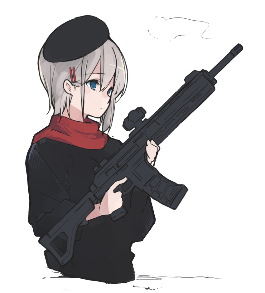 akagawa007 assault_rifle bad_id bad_pixiv_id beret black_shirt blue_eyes closed_mouth expressionless eyebrows_visible_through_hair from_side grey_hair gun hair_ornament hairclip hat heckler_&_koch highres hk416 long_sleeves original red_scarf rifle scarf scope shirt short_hair simple_background smoke solo trigger_discipline upper_body weapon white_background