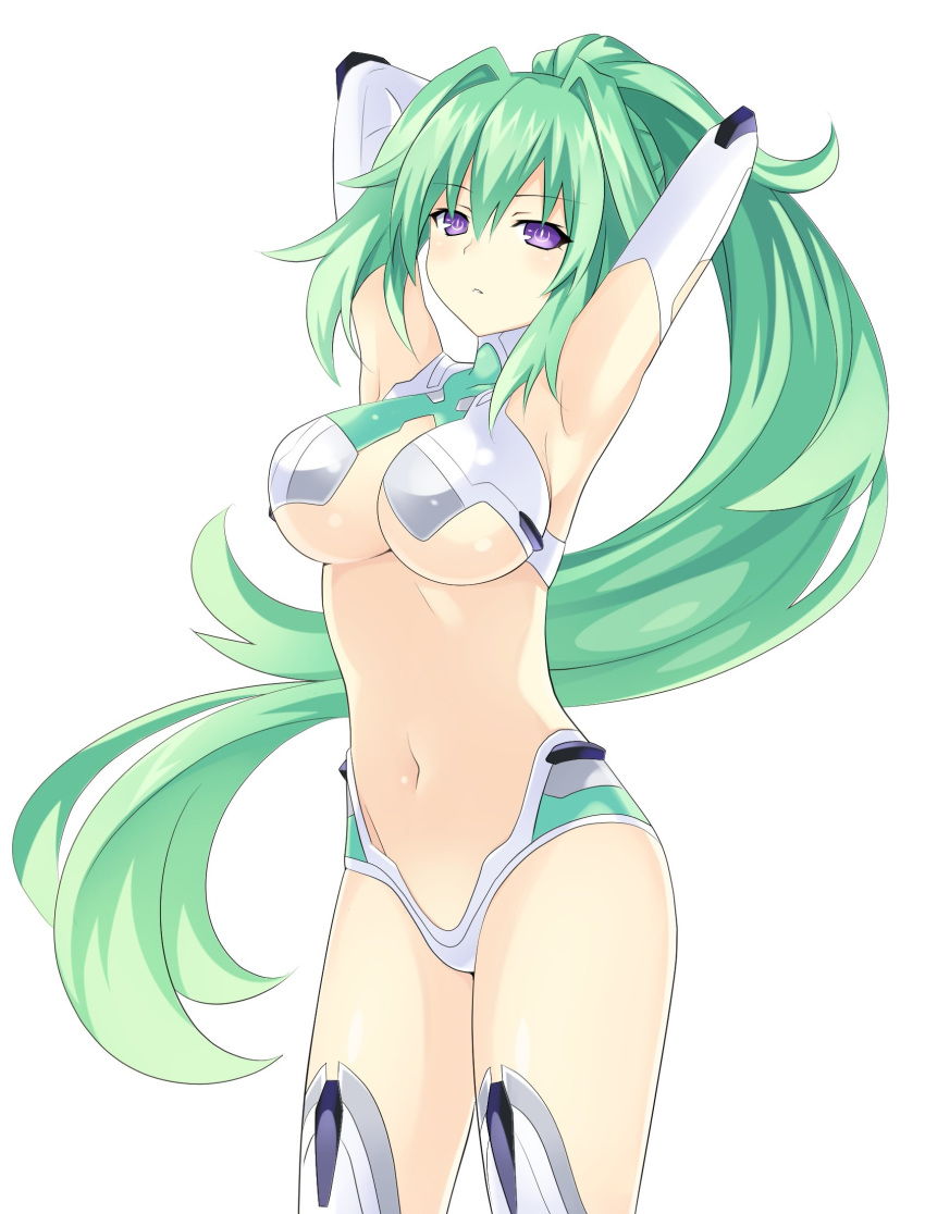 armpits arms_up breasts choujigen_game_neptune cleavage detached_sleeves female floating_hair green_hair green_heart_(neptunia) groin hair_between_eyes high_ponytail highres large_breasts long_hair looking_at_viewer navel neptune_(series) parted_lips purple_eyes simple_background solo standing underboob very_long_hair white_background zero_(ray_0805)