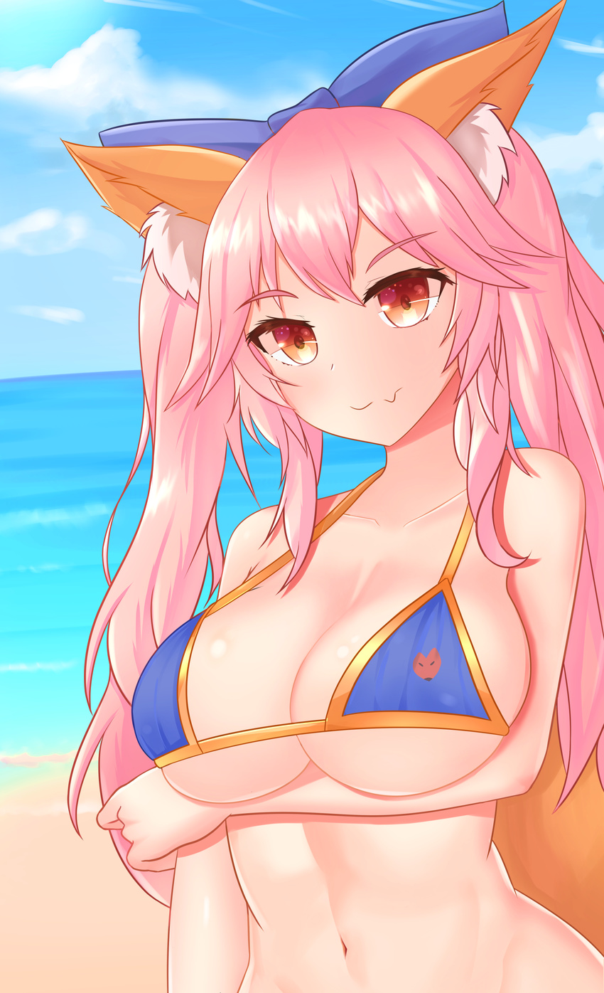 absurdres animal_ears bikini blue_bikini blue_ribbon breast_hold breasts cleavage collarbone commentary_request day fate/grand_order fate_(series) female fox_ears fox_tail groin hair_ribbon highres jifuwabe large_breasts long_hair navel ocean oerba_yun_fang outdoors pink_hair ribbon side-tie_bikini_bottom sky solo swimsuit tail tamamo_(fate) tamamo_no_mae_(swimsuit_lancer)_(fate) yellow_eyes