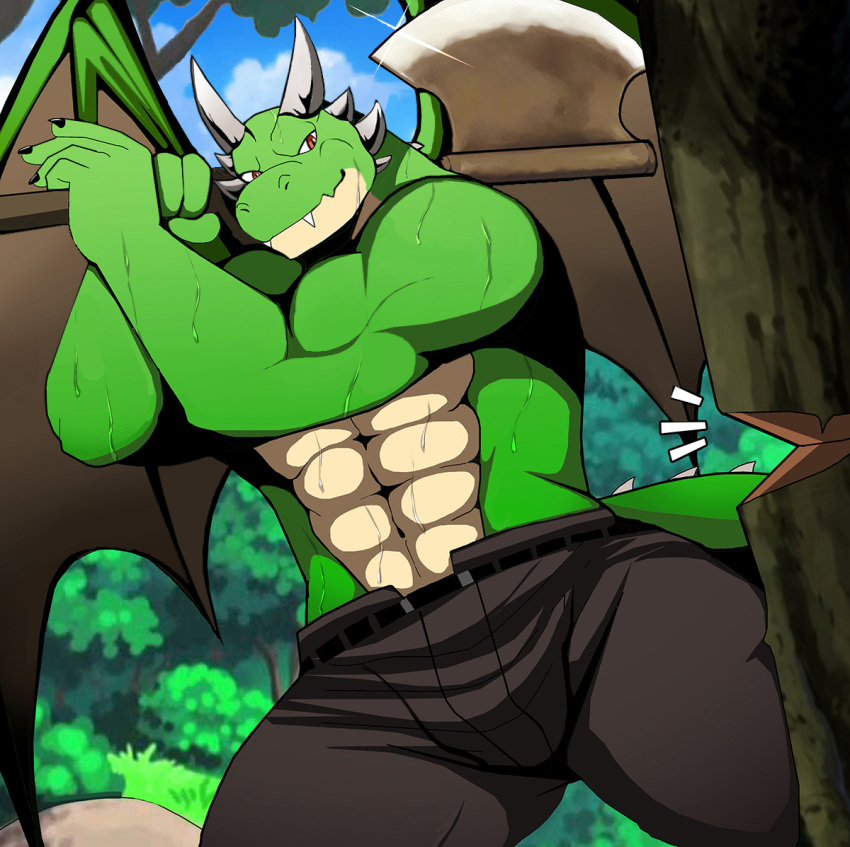 anthro axe bearlovestiger13 big_muscles blue_sky bottomwear claws clothed clothing dragon european_mythology fangs forest green_body green_skin grizard male melee_weapon membrane_(anatomy) membranous_wings muscular muscular_anthro muscular_male mythological_creature mythological_scalie mythology pants plant red_eyes scalie sky solo tail teeth topless tree weapon western_dragon wet wings wood