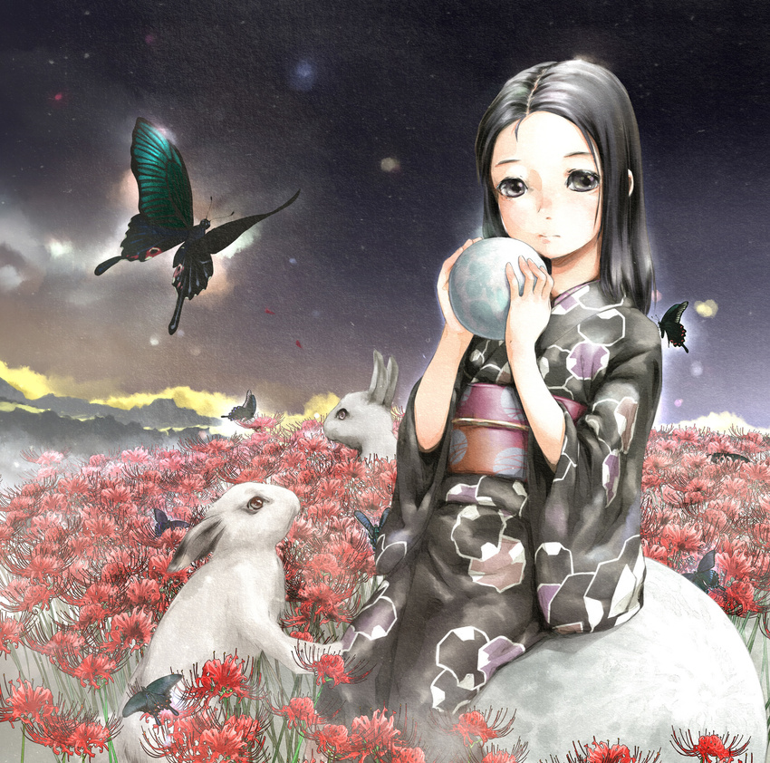 animal ball black_eyes black_hair bunny butterfly cloud field flower insects kimono pfu rock sitting sky spider_lily