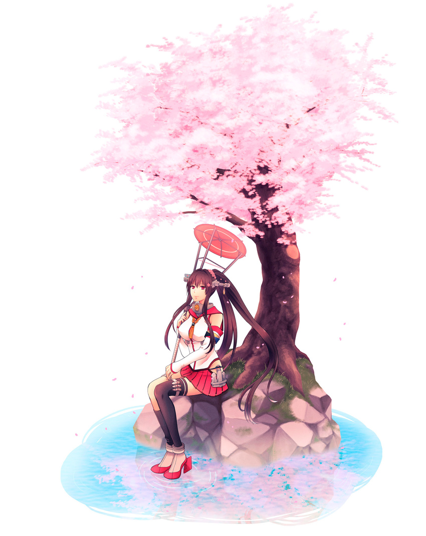 anchor armband asymmetrical_legwear bare_shoulders black_legwear brown_hair cherry_blossoms commentary_request detached_sleeves female flower hair_flower hair_ornament headgear high_ponytail highres hitori_(edge) kantai_collection legs_together long_hair oil-paper_umbrella pleated_skirt ponytail purple_eyes red_skirt sailor_collar side_slit sitting skirt smile solo tree umbrella uneven_legwear very_long_hair yamato_(kancolle)