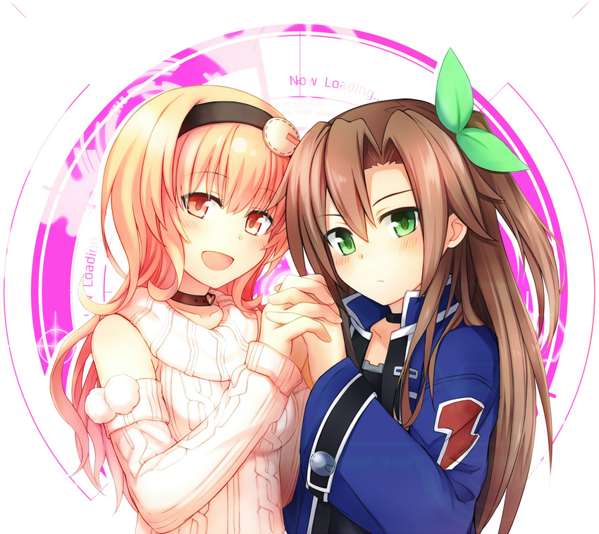 2girls blonde_hair blush bow breasts brown_hair commentary_request compa fuji_kakei green_eyes hair_ornament hairband holding_hands if_(neptunia) long_hair medium_breasts multiple_girls neptune_(series) open_mouth ribbed_sweater smile sweater yuri