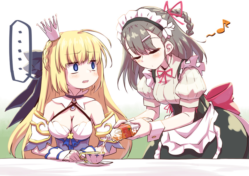 ... 2girls apron blonde_hair blue_eyes braid closed_eyes commentary_request criss-cross_halter crown cup edelweiss_(flower_knight_girl) eighth_note flower_knight_girl folded_braid hair_ribbon halterneck long_hair maid maid_apron maid_headdress mini_crown mizunashi_(second_run) multiple_girls musical_note neck_ribbon open_mouth pouring red_ribbon ribbon snowflake_(flower_knight_girl) spoken_ellipsis teacup