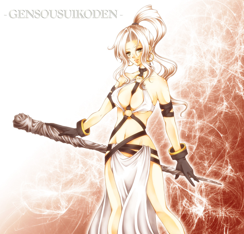 between_breasts breasts commentary_request copyright_name earrings female gensou_suikoden gensou_suikoden_iv gloves green_eyes highres jeane_(suikoden) jewelry large_breasts long_hair midriff nagatsuki_itsuka polearm_behind_back ponytail revealing_clothes silver_hair solo staff strap