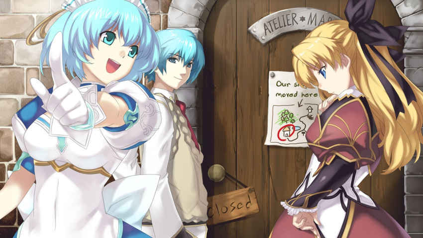 1boy 2girls arrow_(symbol) atelier_(series) black_ribbon blonde_hair blue_eyes blue_hair bow bracelet breasts brick_wall cross_edge door dress english_text foreshortening frills from_side game_cg gloves hair_between_eyes hair_ribbon hand_on_own_chin hand_on_own_hip hand_up hirano_katsuyuki house jewelry light_smile liliane_vehlendorf long_hair long_sleeves looking_at_another looking_at_viewer looking_down maid maid_headdress mana_khemia_(series) mana_khemia_2 medium_breasts multiple_girls necktie outstretched_arm pointing profile puffy_sleeves red_necktie ribbon rozeluxe_meitzen short_hair short_sleeves sign smile standing stroking_own_chin sweater_vest thinking tree two_side_up upper_body white_bow white_gloves wuim_(mana_khemia)