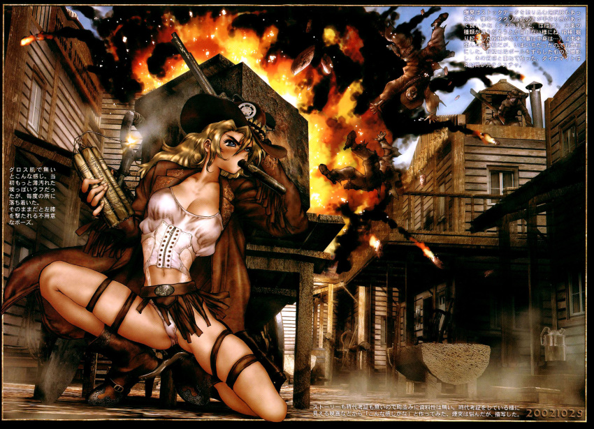 artbook blonde_hair blue_eyes boots breasts cigar cleavage cloud coat cowboy_boots cowboy_hat cowboy_western dynamite explosion explosive female fringe_trim gun hat highres jacket juliona_trans kneeling large_breasts leather leather_jacket midriff navel panties photoshop_(medium) sexually_suggestive shirow_masamune shotgun shovel sign sky solo thigh_strap translation_request underwear weapon white_panties wild_wet_west