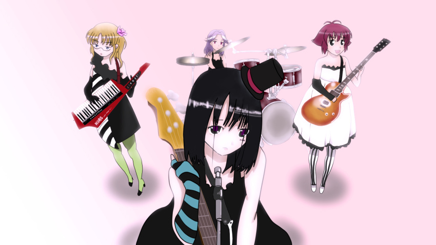 4girls akiyama_mio akiyama_mio_(cosplay) bad_id bad_pixiv_id bass_guitar black_eyes black_hair blonde_hair blue_eyes cosplay don't_say_"lazy" dress drum drum_set fingerless_gloves glasses gloves green_pantyhose guitar hat hirasawa_yui hirasawa_yui_(cosplay) instrument k-on! kajiki_yumi kanbara_satomi keyboard_(instrument) kotobuki_tsumugi kotobuki_tsumugi_(cosplay) long_hair microphone microphone_stand mini_hat mini_top_hat multiple_girls pantyhose parody purple_hair red_eyes red_hair saki_(manga) senoo_kaori tainaka_ritsu tainaka_ritsu_(cosplay) tominyan top_hat touyoko_momoko