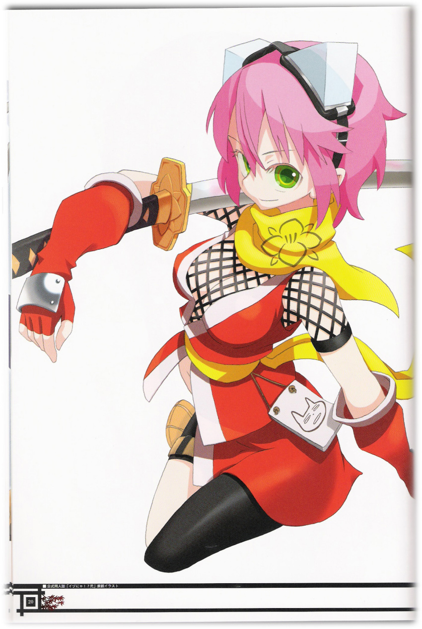 breasts cleavage elbow_gloves female fishnets gloves goggles gouma_reifuden_izuna green_eyes highres izuna_(gouma_reifuden_izuna) large_breasts photoshop_(medium) pink_hair scan scarf short_hair solo sword weapon yoshida_on