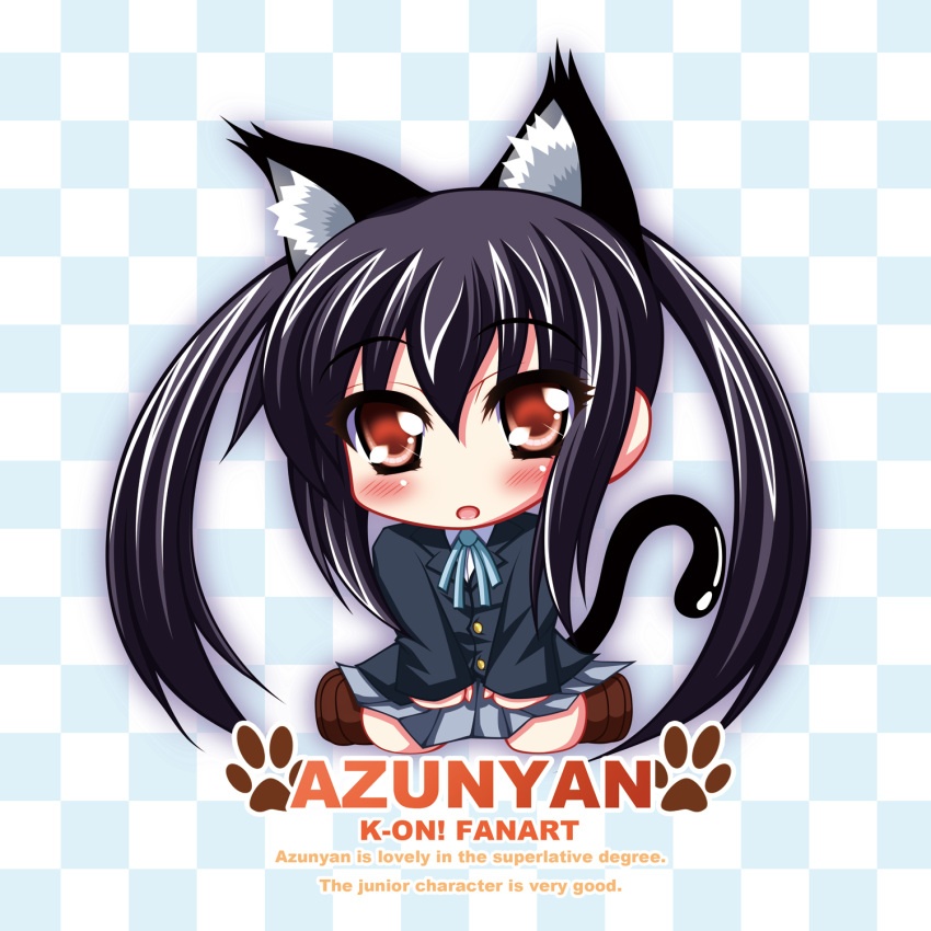 animal_ears black_hair blush brown_eyes cat_ears cat_tail checkered chibi commentary_request english_text engrish_text female fukunaga_yukito highres k-on! long_hair nakano_azusa no_nose open_mouth paw_print ranguage sakuragaoka_high_school_uniform school_uniform solo tail twintails