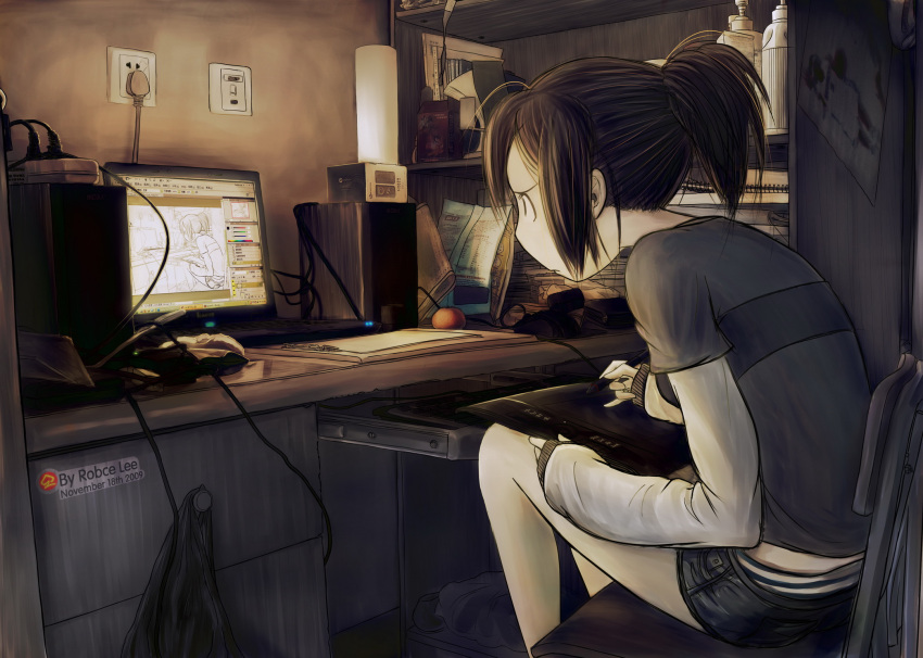 adobe_photoshop black_shorts brown_hair chinese_commentary chinese_text commentary_request computer computer_keyboard downpants drawing_tablet feet_out_of_frame female highres laptop layered_sleeves long_sleeves monitor mozilla_firefox oekaki_musume original panties ponytail recursion robce_lee short_over_long_sleeves short_sleeves shorts sitting solo striped_clothes striped_panties stylus underwear wacom