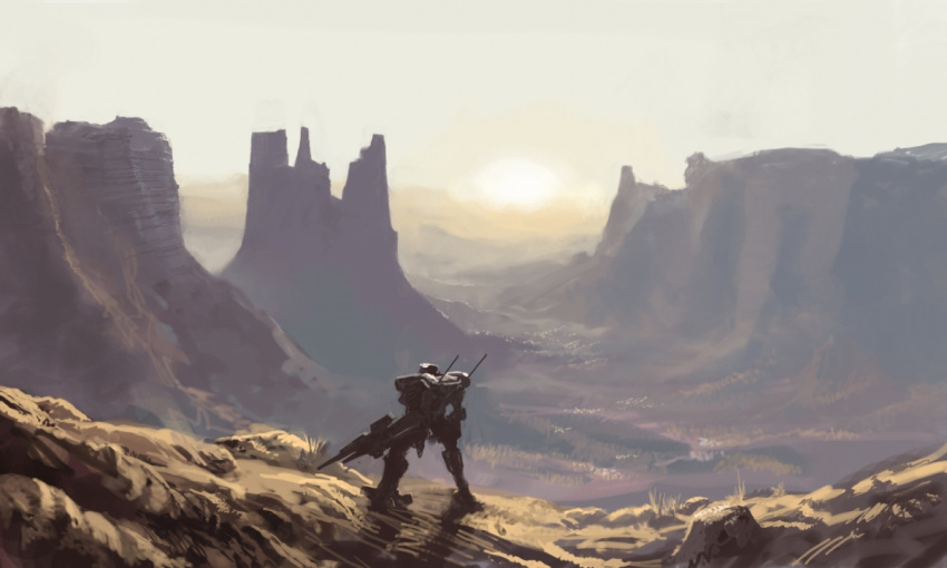 armored_core canyon commentary_request desert grass landscape light mecha mozuo no_humans outdoors realistic robot scenery science_fiction sun sunset