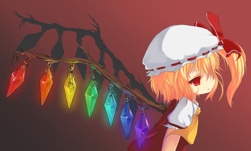 blonde_hair brown_background commentary_request crystal female flandre_scarlet hat mimi-moon ponytail rainbow_order red_eyes short_hair side_ponytail solo touhou wings