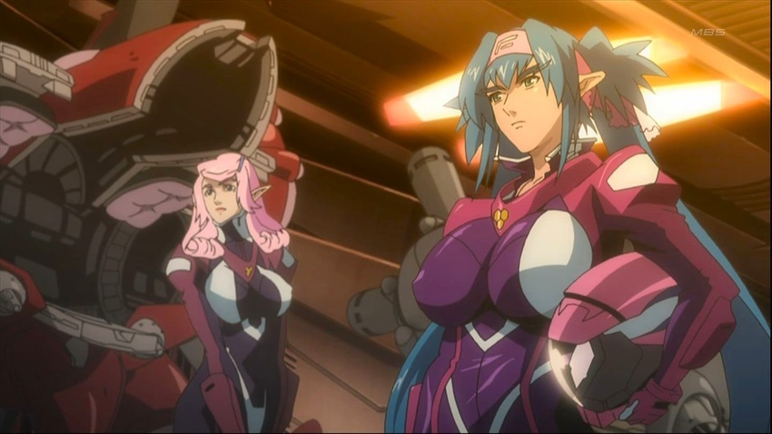 2girls anime_screenshot armor black_eyes blue_eyes blue_hair bodysuit breasts cockpit eyebrows giant giantess hangar headband helmet klan_klein large_breasts long_hair macross macross_frontier mecha meltrandi multiple_girls nene_rora pilot_suit pink_hair pointy_ears power_armor power_suit queadluun-rea robot spacesuit very_long_hair zentradi