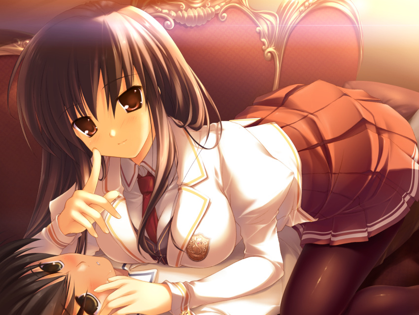 1boy between_breasts breasts brown_hair couch cowgirl_position female game_cg highres kiss_to_lord_to_darjeeling kuyou_sarasa large_breasts long_hair looking_at_viewer mikeou necktie necktie_between_breasts pantyhose school_uniform smile straight