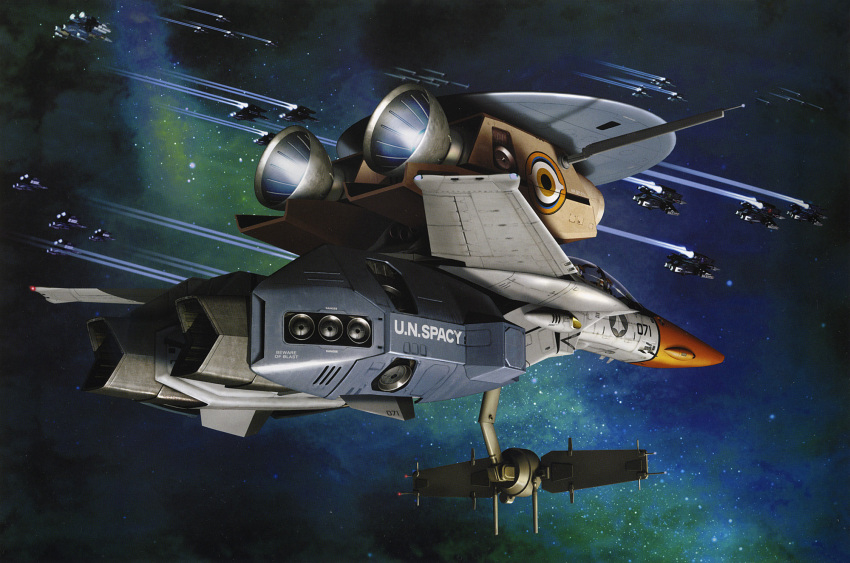 antennae highres macross macross:_do_you_remember_love? no_humans official_art photoshop_(medium) realistic space star_(symbol) tenjin_hidetaka variable_fighter ve-1 vehicle_focus vf-1