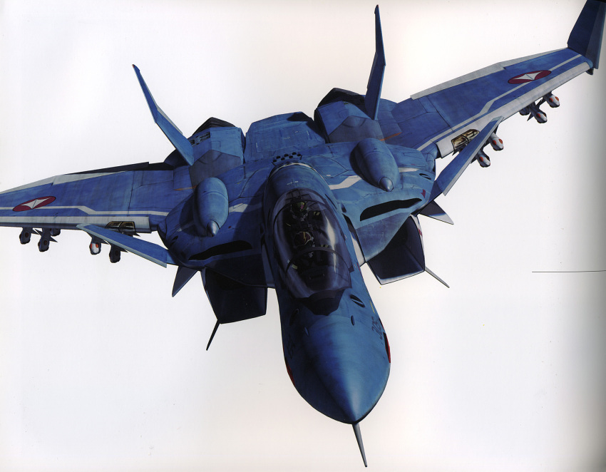 1boy aircraft airplane canards edgar_lasalle fighter_jet highres jet kudou_shin macross macross_zero military military_vehicle missile realistic simple_background solo tenjin_hidetaka u.n._spacy variable_fighter vehicle_focus vf-0 vf-0d