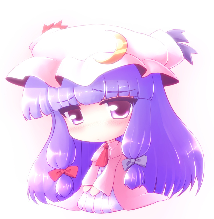 chibi commentary_request crescent crescent_hat_ornament female hat hat_ornament highres long_hair patchouli_knowledge photoshop_(medium) purple_eyes purple_hair solo tdk touhou