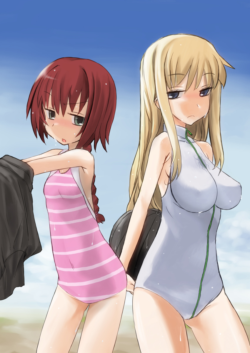 2girls aqua_eyes ball blonde_hair blue_eyes braid breasts commentary_request darker_than_black dressing flat_chest frown highres large_breasts long_hair multiple_girls nabeyu one-piece_swimsuit photoshop_(medium) red_hair single_braid striped_clothes striped_one-piece_swimsuit suou_pavlichenko swimsuit tanya_(darker_than_black) wet zipper