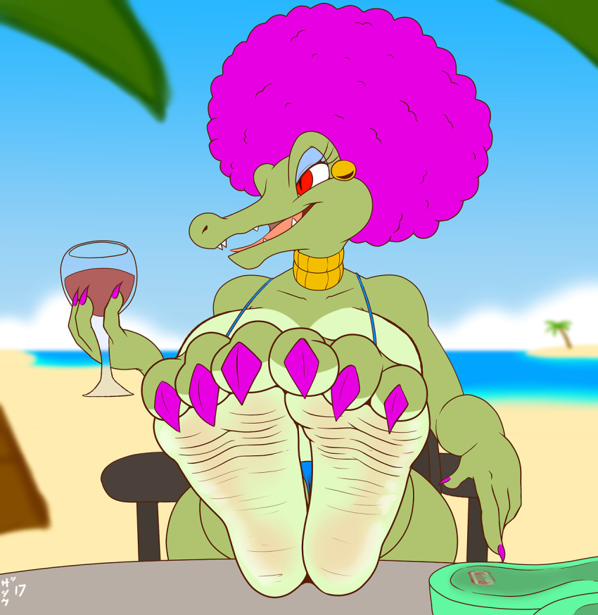 2017 3_toes alcohol anthro beach beverage big_breasts big_feet blue_claws breasts chair choker claws clothing cloud conditional_dnp crocodilian digital_media_(artwork) donkey_kong_(series) feet female flip_flops foot_focus footwear furniture glass green_body green_skin hair hi_res jewelry kalypso kremling necklace nintendo non-mammal_breasts purple_hair red_eyes reptile sand sandals scalie seaside sitting sky soles solo swimwear toes wine wrinkles zp92