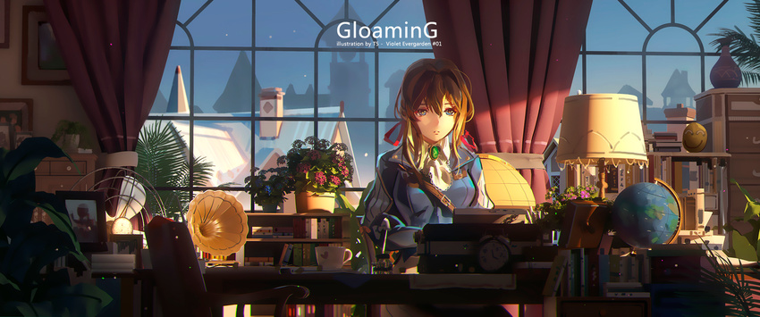 alarm_clock artist_name ascot bad_id bad_pixiv_id blonde_hair blue_eyes blue_jacket book bookshelf brooch building character_name chromatic_aberration cityscape clock copyright_name cup curtains desk_lamp drawer electric_fan female flower flower_pot gem geranium globe green_gemstone hair_between_eyes hair_intakes hair_ribbon highres ibara_dance indoors jacket jewelry juliet_sleeves lamp long_sleeves looking_afar looking_ahead medium_hair parted_lips phonograph photo_(object) plant potted_plant puffy_sleeves red_curtains red_flower red_ribbon ribbon shelf sitting smiley_face solo table teacup typewriter typing violet_evergarden violet_evergarden_(series) white_ascot window