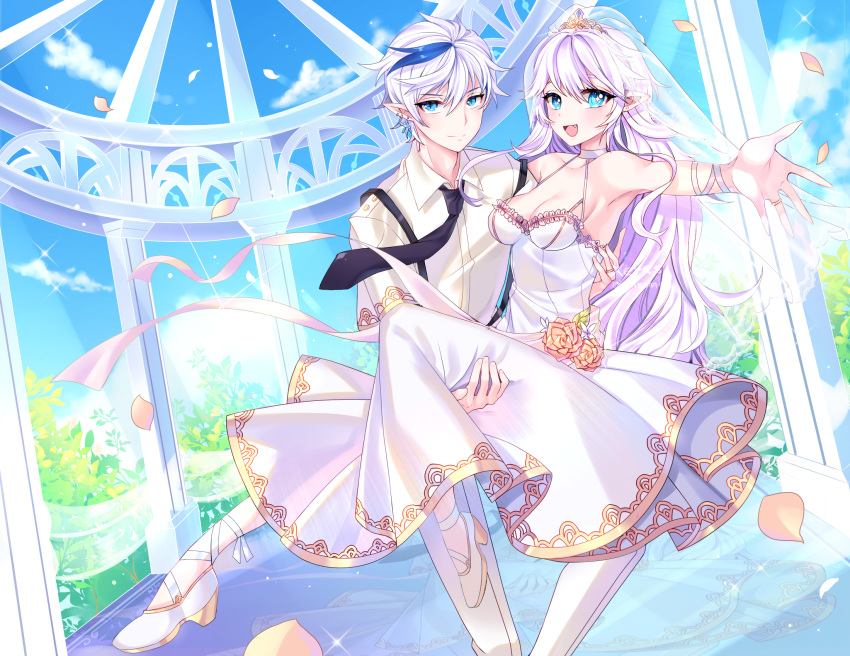 1boy :d aqua_eyes armpits bare_shoulders black_necktie blue_hair blue_sky blush breasts bridal_veil carrying ciel_(elsword) cleavage cloud collarbone collared_shirt commentary_request day demon_girl dreadlord_(elsword) dress dress_flower elsword falling_petals female flower frilled_dress frills full_body gazebo gold_trim hair_between_eyes halterneck high_heels highres jewelry light_particles light_rays long_hair looking_at_viewer luciela_r._sourcream medium_breasts multicolored_hair necktie oerba_yun_fang open_mouth orange_flower orange_rose outdoors outstretched_arm pants petals pointy_ears princess_carry ring rose shirt short_hair sidelocks sky smile sparkle standing star-shaped_pupils star_(symbol) streaked_hair suspenders symbol-shaped_pupils tiara tree two-tone_hair veil wavy_hair wedding wedding_dress wedding_ring white_dress white_footwear white_hair white_pants white_shirt wing_collar xes_(xes_5377)