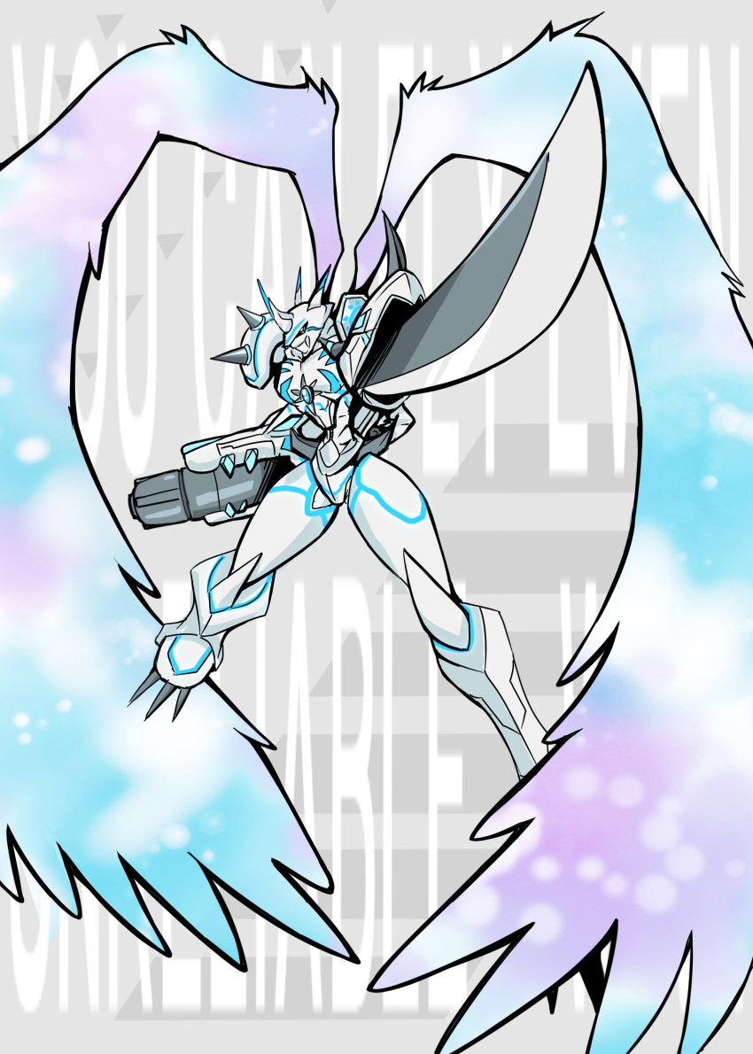 a.k.o.t. absurdres angel_wings arm_blade arm_cannon armor blue_eyes cape commentary digimon digimon_(creature) digimon_adventure digimon_adventure_tri. glowing helmet highres horns katana no_humans omegamon omegamon_merciful_mode spikes sword translation_request weapon white_wings wings