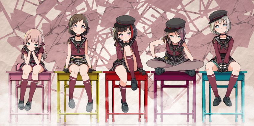 5girls afterglow_(bang_dream!) alternate_hairstyle aoba_moca aqua_eyes badge bang_dream! between_legs black_footwear black_gloves black_hat black_neckerchief black_skirt bob_cut brown_eyes brown_hair buttons chair choker commentary_request crossed_legs desk double-breasted earrings elbows_on_knees frown gloves grey_hair grey_legwear hair_ribbon hand_between_legs hand_on_own_knee hand_on_own_leg hat hazawa_tsugumi head_rest highres jewelry knee_up kneehighs leaning_forward long_hair long_sleeves looking_at_viewer lost_one_no_goukoku_(vocaloid) miniskirt mitake_ran multicolored_hair multiple_girls neckerchief on_desk pantyhose pink_hair plaid plaid_skirt purple_eyes red_hair red_legwear red_shirt ribbon school_chair school_desk school_uniform serafuku shipii_(jigglypuff) shirt shoes short_hair short_sleeves sitting skirt socks star_(symbol) star_print streaked_hair striped_choker udagawa_tomoe uehara_himari vocaloid