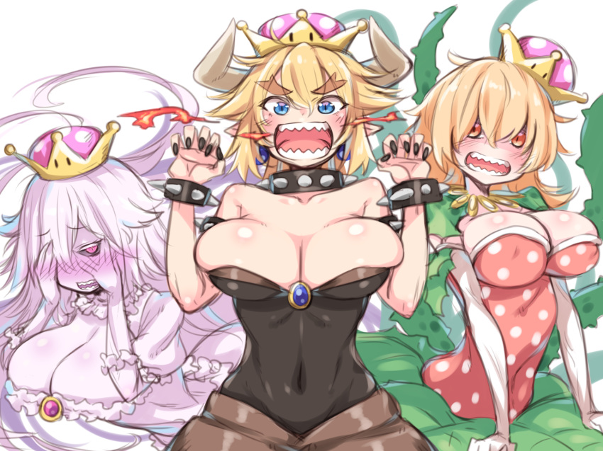 3girls :d alraune armlet black_nails black_sclera blonde_hair blue_eyes blush bowsette bracelet breasts breath_weapon breathing_fire chest_jewel claw_pose cleavage collar collarbone colored_sclera commentary_request covered_navel covering_face crown dress earrings esoragoto fire forked_eyebrows frilled_collar frilled_dress frilled_gloves frills gloves highres horns jewelry large_breasts long_hair looking_at_viewer luigi's_mansion mario_(series) monster_girl multiple_girls nail_polish navel new_super_mario_bros._u_deluxe nose_blush open_mouth orange_eyes peeking_through_fingers pink_eyes plant plant_girl pointy_ears polka_dot princess_king_boo princess_piranha_plant puffy_short_sleeves puffy_sleeves sharp_teeth short_hair short_sleeves smile sphere_earrings spiked_armlet spiked_bracelet spiked_collar spikes super_crown teeth thorns v-shaped_eyebrows vines white_hair